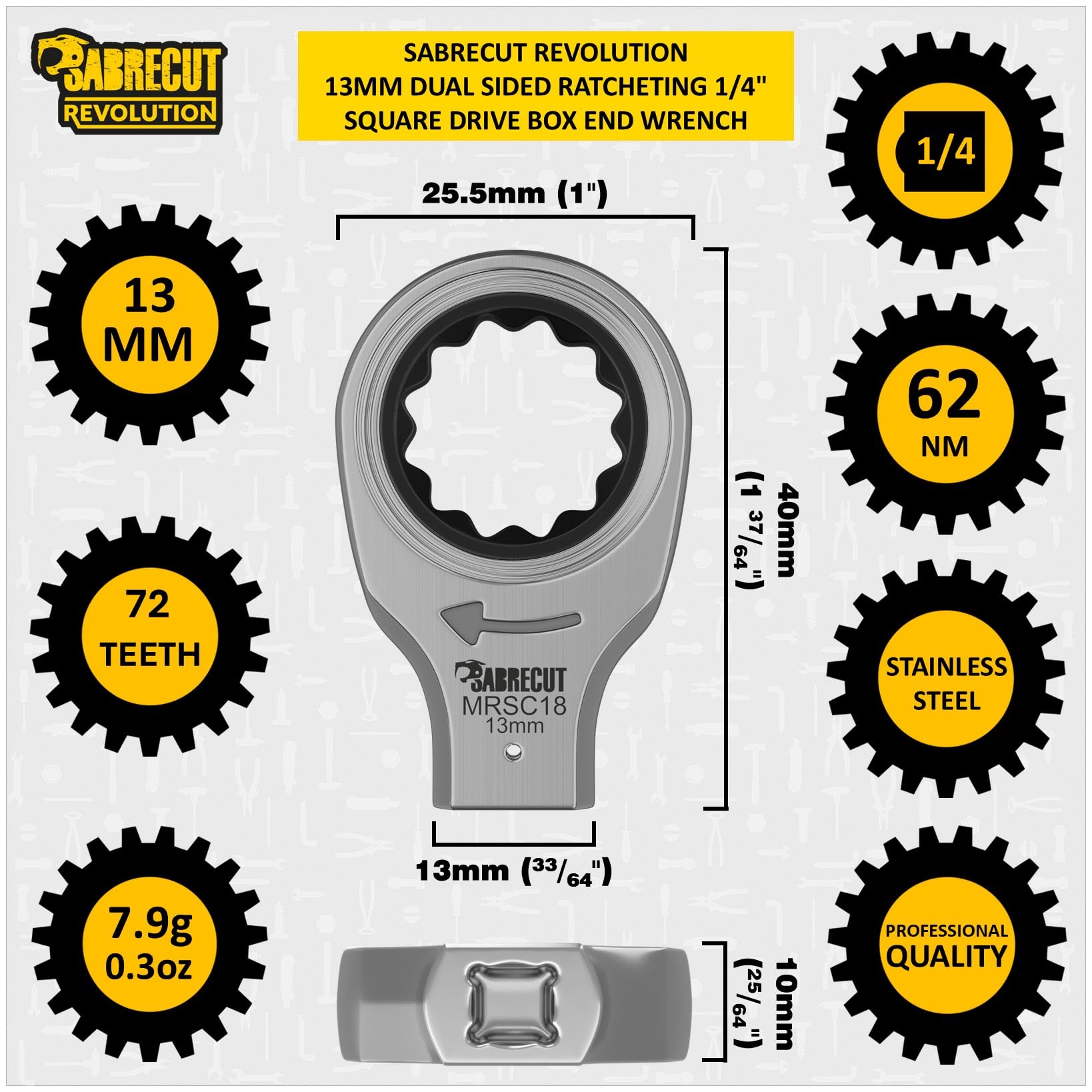 SabreCut 1 x MRSC18 13mm Dual Sided Ratcheting Wrench 1/4" Square Drive 72 Tooth Precision Gear 62Nm High Torque Ratchet Professional Stainless Steel Compact Tool Attachment - Image 2
