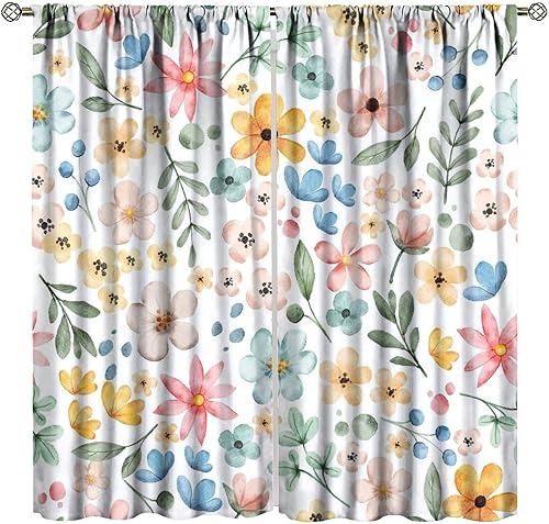Miniatura 91 de Retro 70s Floral Blackout Window Curtains, Watercolor Flower Plant Rustic Modern Style Pattern Window Drapes, for Bedroom Living Room 42x45in 2