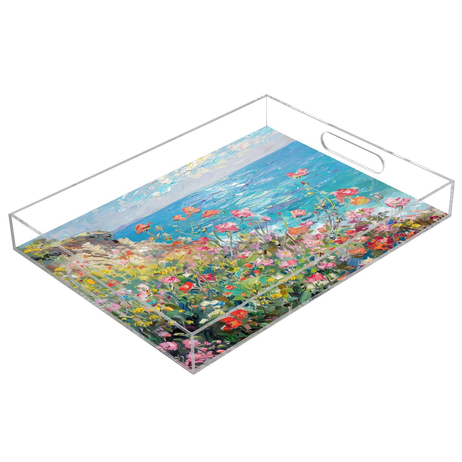 BOESI Oil on Canvas Flower and Sea Acrylic Decorative Dining Tray, Acrylic Decorative Tray Organizer with Handle for Kitchen, Dining Room, Bathroom, Dresser