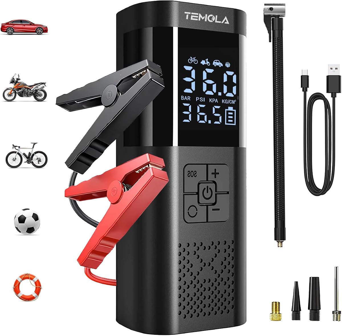 Portable Car Jump Starter with Air Compressor, Car Battery Jump Starter | 12V Portable Jump Box, 150PSI Tire Inflator with LCD Display & LED Light for Gas and Diesel Vehicles