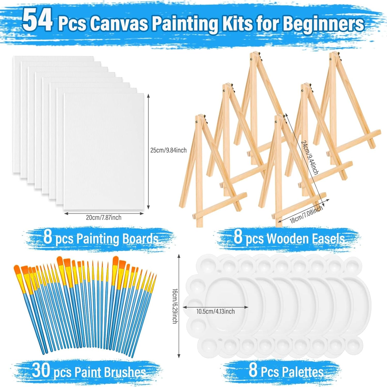 54 Pack Canvas with Easel Set 8 x 10 Inch Canvas Boards with Wooden Easels, Paint Brushes Canvas Panel Painting Kit for Acrylic Oil Watercolor Beginners Art Crafts Sip and Paint Party - Image 3
