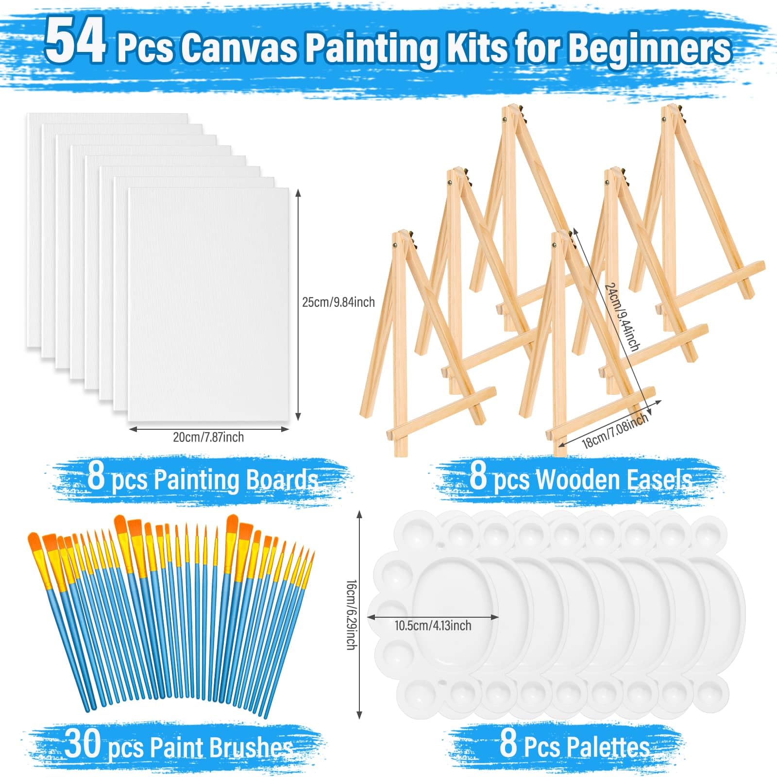 Lot de 54 toiles avec chevalet - Ensemble de toiles de 20,3 x 25,4 cm avec chevalets en bois, pinceaux, kit de peinture sur panneau de toile pour peinture acrylique, à l'huile, aquarelle, débutants