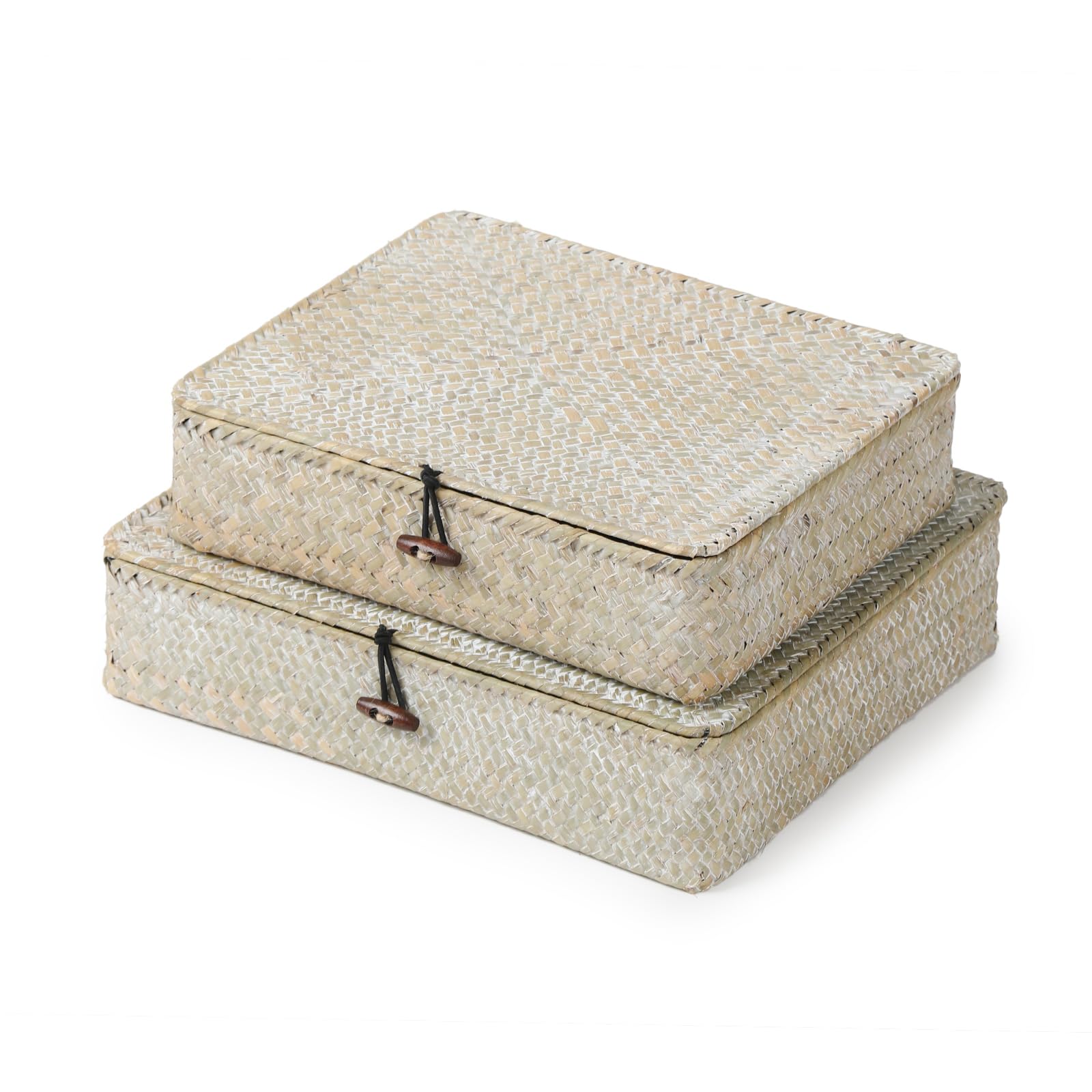 YANGQIHOME Set of 2 Seagrass Baskets with Lids, Rectangular Woven Storage Baskets, Natural Wicker Basket Boxes for Coffee Table, Shelf, Bathroom Counter & Closet Decor (Whitewashed, Set of 2)