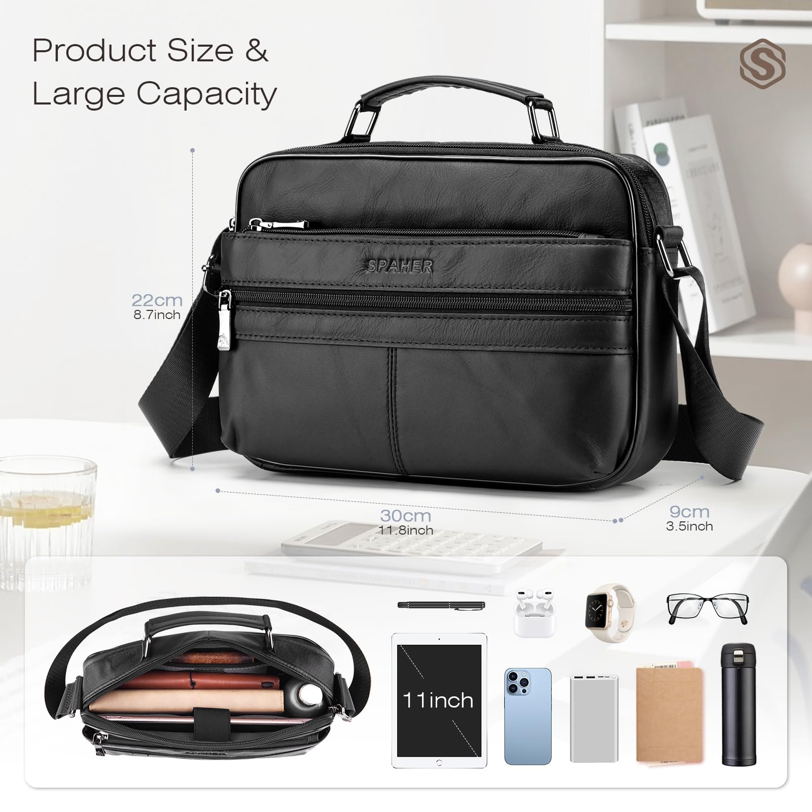 SPAHER Umhängetasche Leder Herren Herrentasche Schultertasche Echtes Leder Messenger Bags Handgelenktasche Herren Schultertasche Crossbody Bag Geschenk für Männer Schwarz