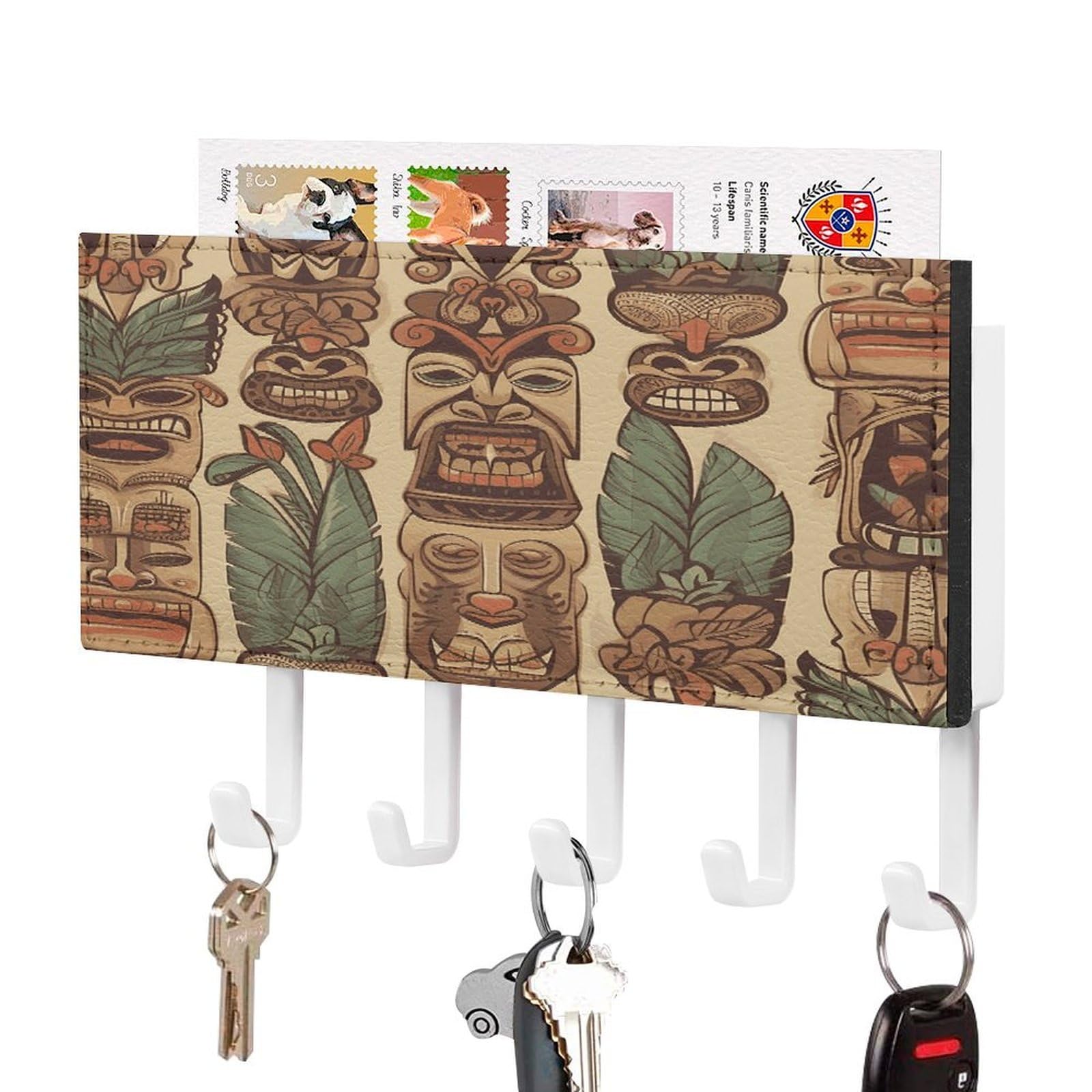 Ldgsuph White-Style Vintage Aloha Tiki Key Holder Wall Mount Key Hanger With 5 Hooks Fashion Key Organizer Rack Hanging Key Hooks With Mail Organizer Key Rack For Home Entryway Hallway