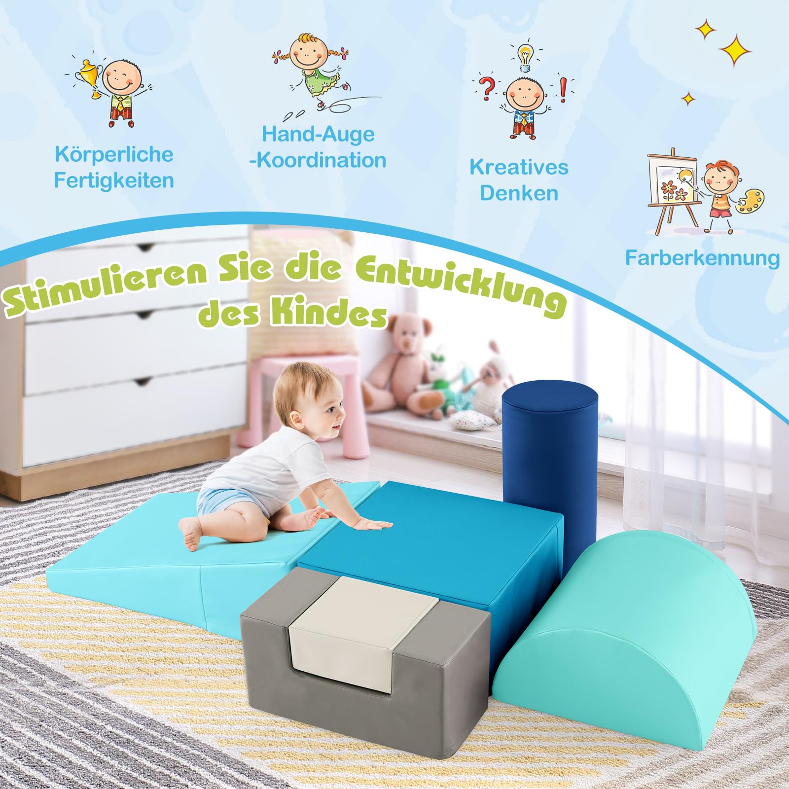 GOPLUS 6 TLG. Schaumstoffbausteine, Softbausteine zum Klettern & Rutschen, Riesenbausteine aus Kunstleder & Schaumstoff, Großbausteine Softbausteine für Baby Kleinkinder (Pfauenblau)