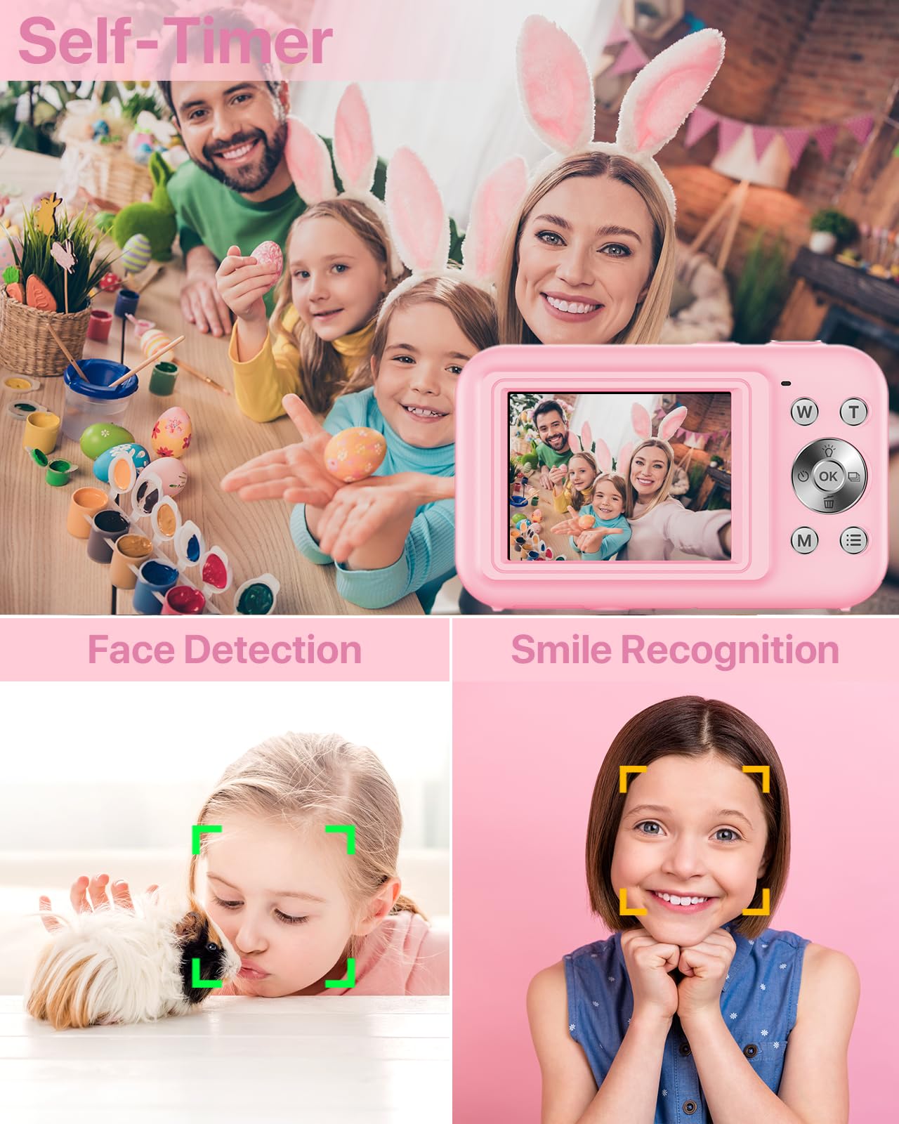 Macchina Fotografica Compatte 1080P, Fotocamera Digitale 44MP con Scheda 32GB, 2.4"LCD Fotocamera Compatta con 16X Digitale Zoom, Mini Ricaricabile Fotocamera Digitale per Bambini (Rosa)
