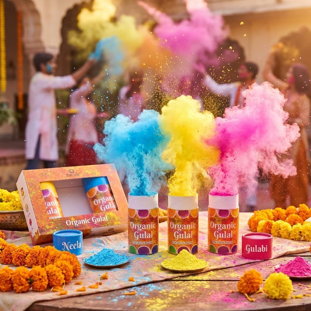 SATVIK Cylinder Box Color Powder – Pack of 3×140g each, Organic Herbal Gulal, Skin Friendly & Washable, Non-Toxic Eco-Friendly Dry Colors for Holi Festival, Fun Run, Color Play, Parties, Gender Reveal