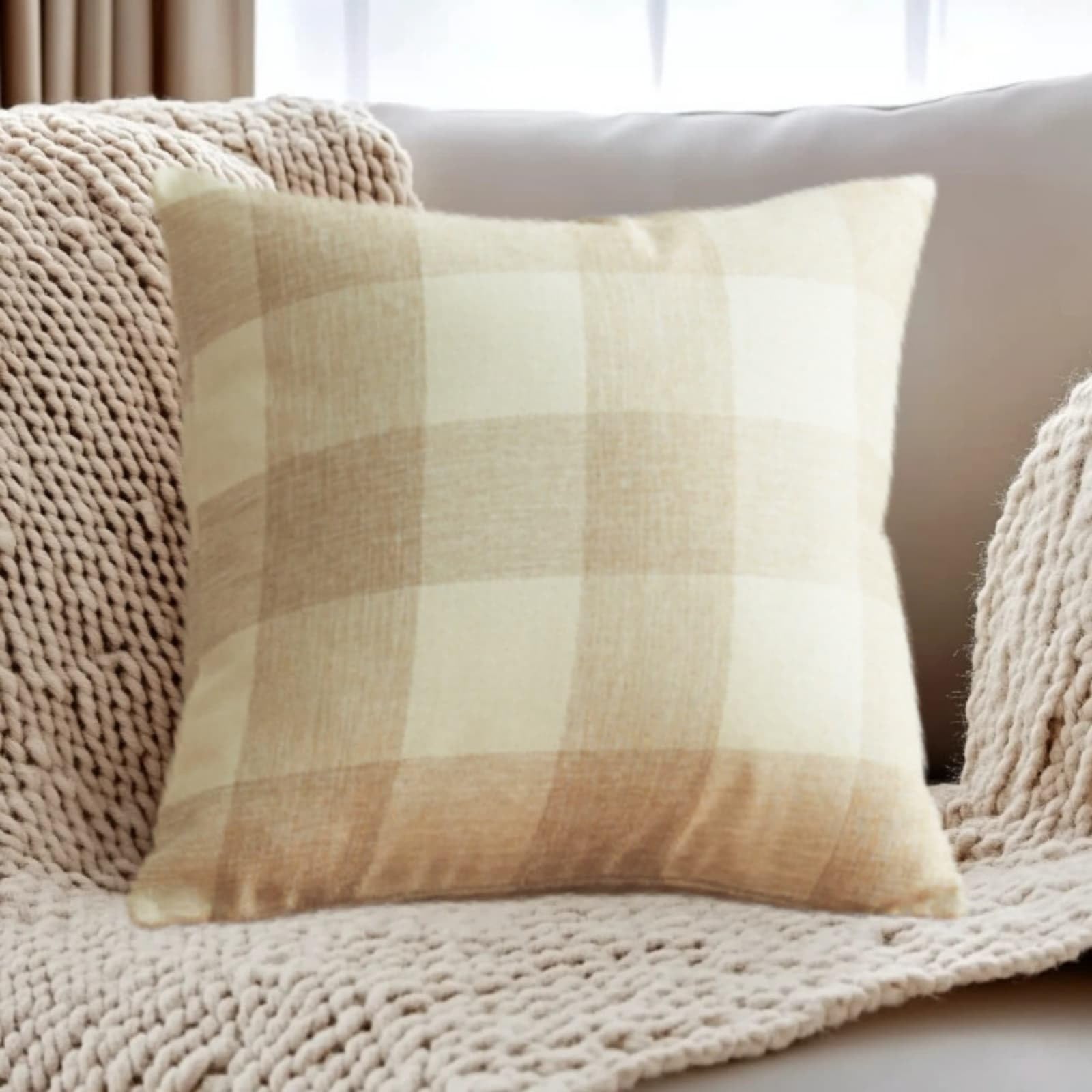 Cushion Covers 40cm x 40cm Beige Grid Sofa Cushion Cover Linen with Invisible Zippers,Throw Pillow Covers for Bedroom Home Decor