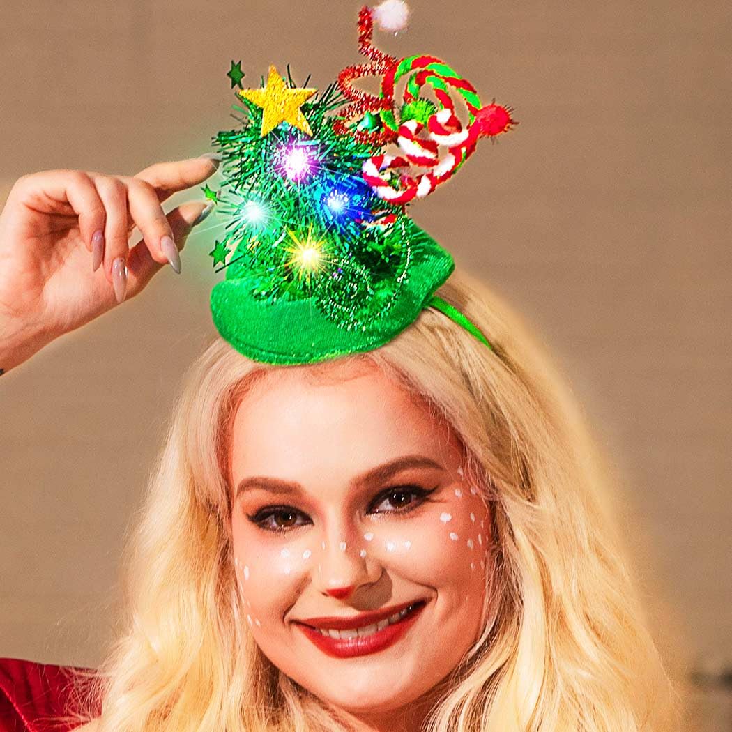 Zoestar Light Up Christmas Hat Headband LED Christmas Tree Headbands Glowing Xmas Headpiece Holiday Hair Accessories for Women (Green - Image 2