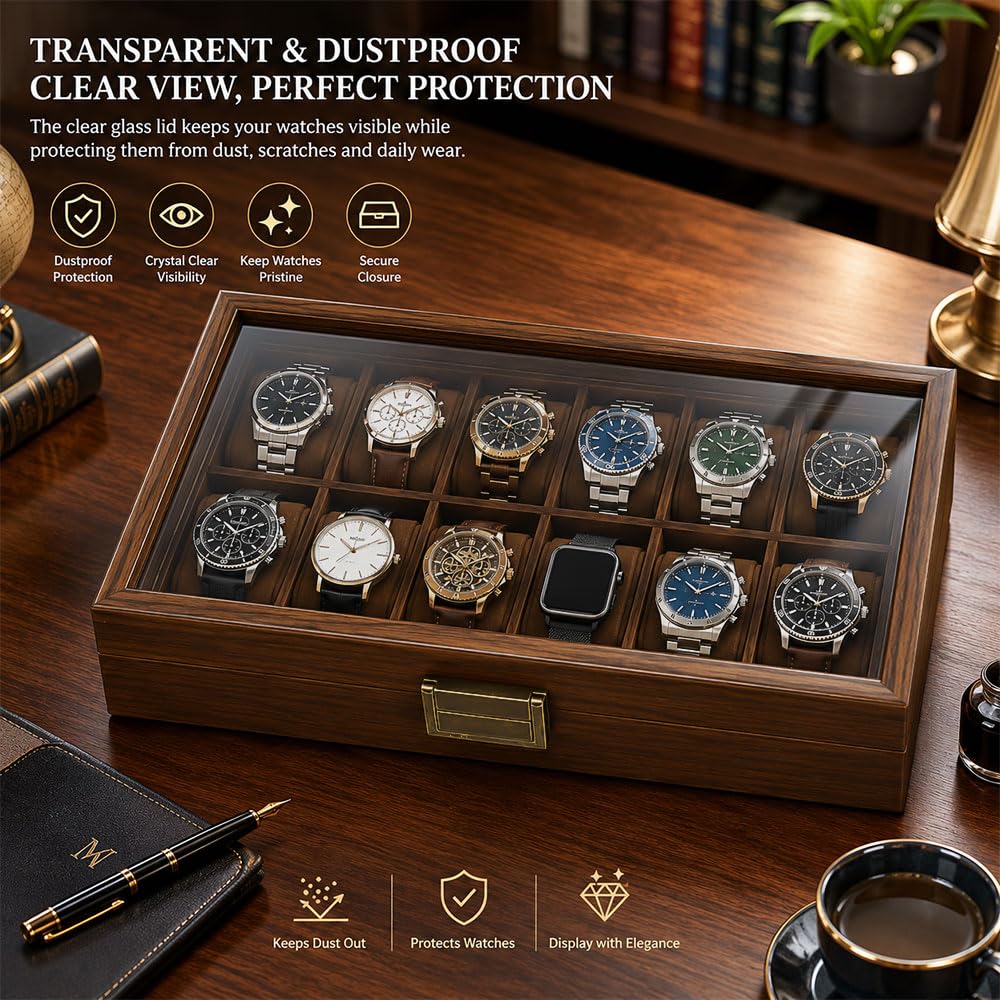 Scatola Porta Orologi a 12 Scomparti In Legno per Uomo, Donna