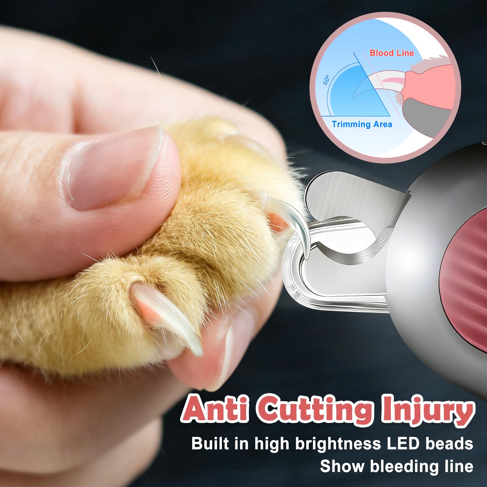 Nagelknipser für Katzen mit LED Licht, Krallenschneider aus Edelstahl mit integrierter Feile, praktischer Spritzschutz, Haustier Krallenschere für kleine Tiere, rosa
