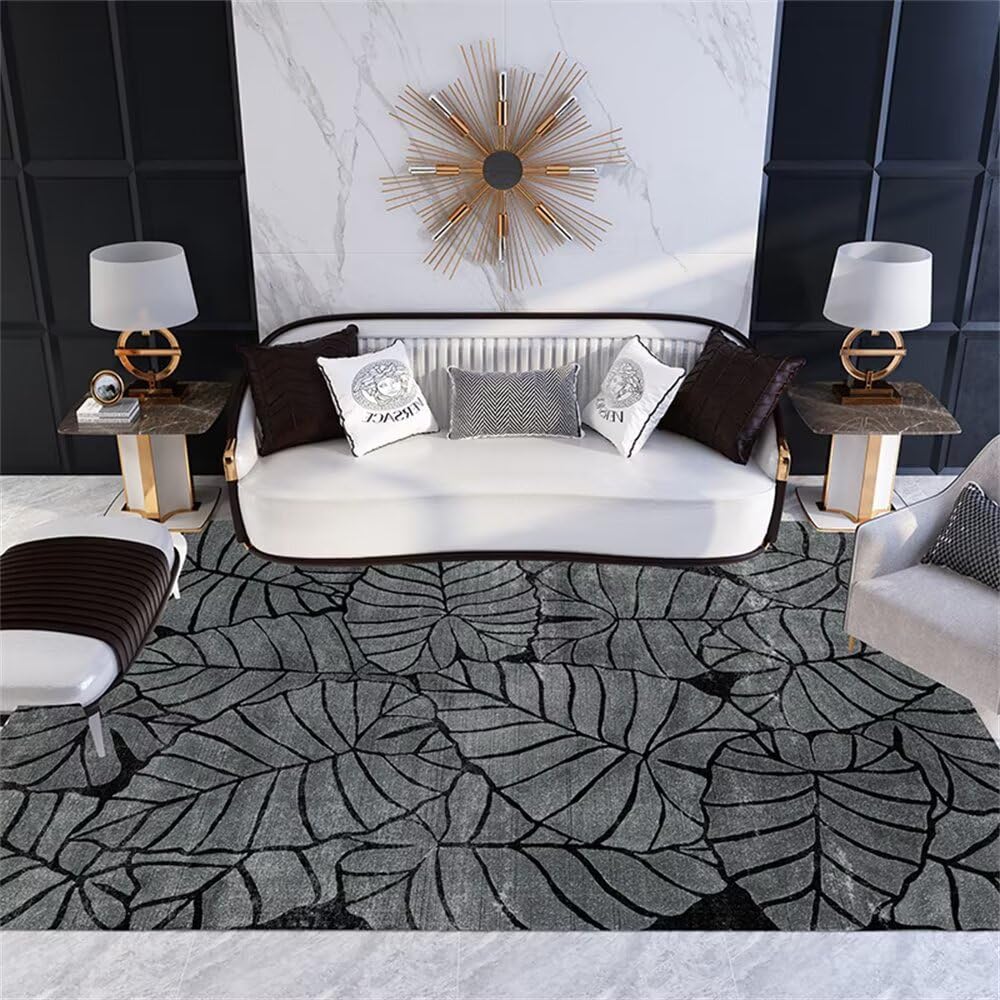 Tapis de salon noir 50x80cm antidérapant aux motifs de feuilles classiques