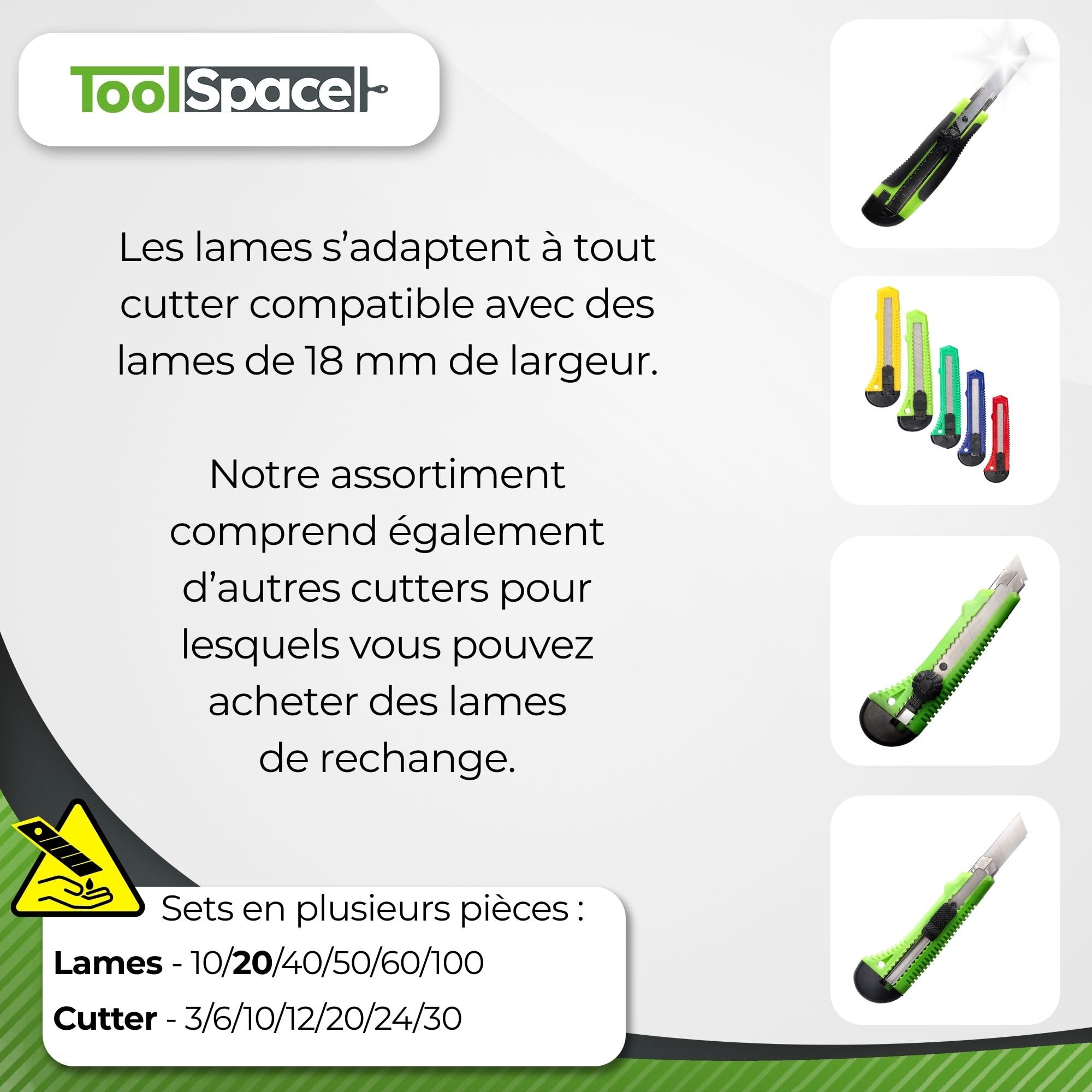 ToolSpace Lame Rechange pour Cutter Couteau Lames Sécable Segmentée pour Coupe Précise de Papier Carton Tissu Plastique Cuir et Autres Matériaux Acier Carbone Trempé Tranchantes – 18 mm Lot de 20