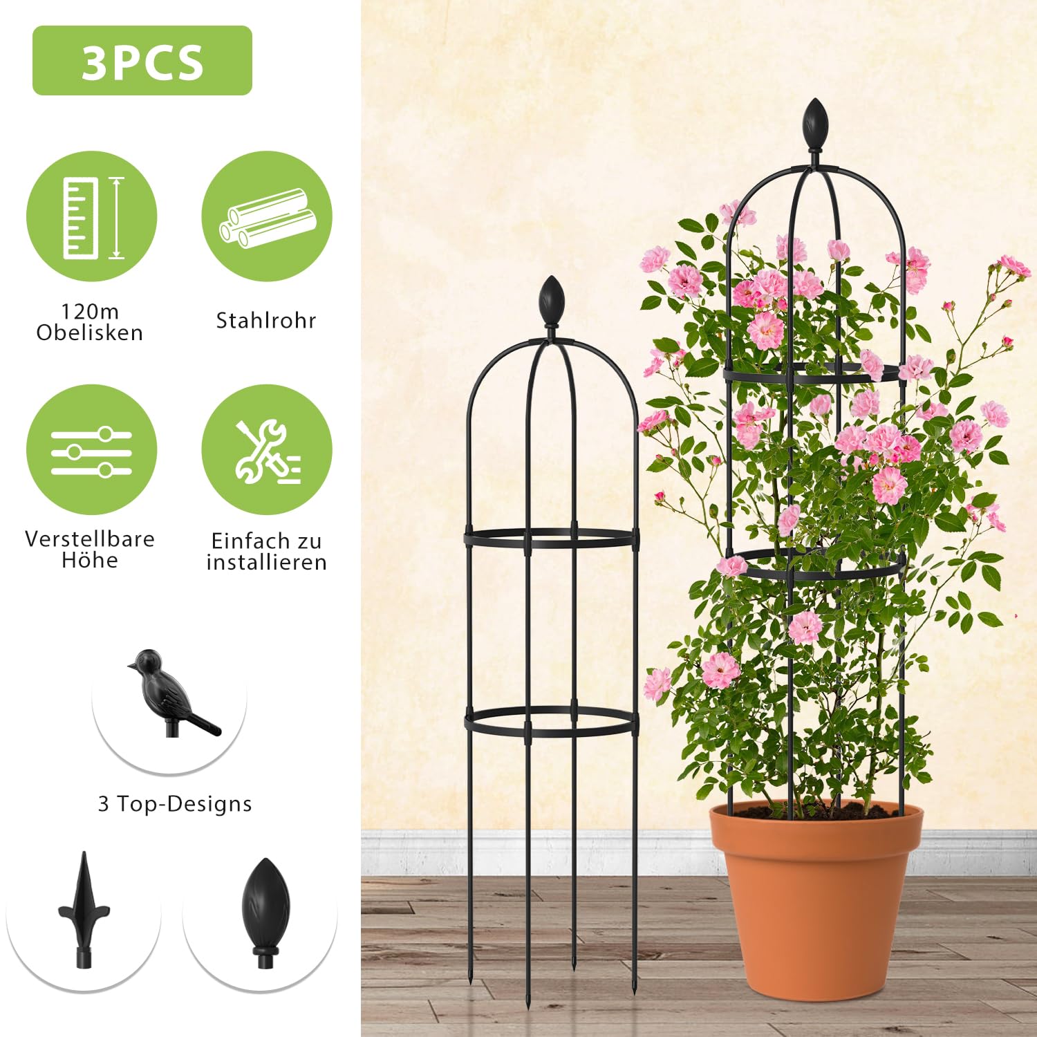 Lot de 3 obélisques de jardin de 120 cm pour plantes grimpantes, treillis de jardin en métal pour lieux publics et cours privées