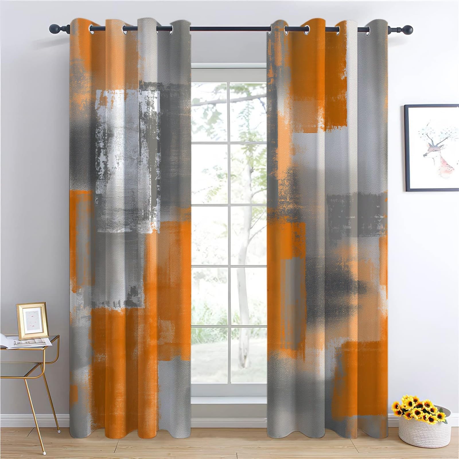 Verdunklungsvorhänge Gardinen mit Ösen Blickdichte Vorhänge Lärmschutzvorhang für Kinderzimmer Thermo Gardinen mit Farbblock Grau Orange Malerei Muster, 230 x 117 cm (HxB), Abstraktes Design 2er Set
