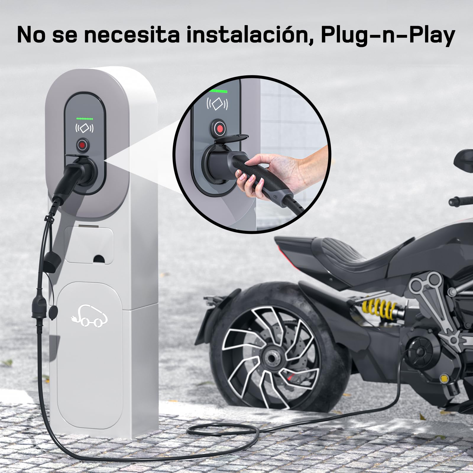 dé Adaptador Tipo 2 a Schuko 16A 0,6m Carga Fácil en estacion de Carga Coche/Wallbox 230V, IP55 para Bicicletas Eléctricas, Scooters Eléctricos y Motos No para V2L