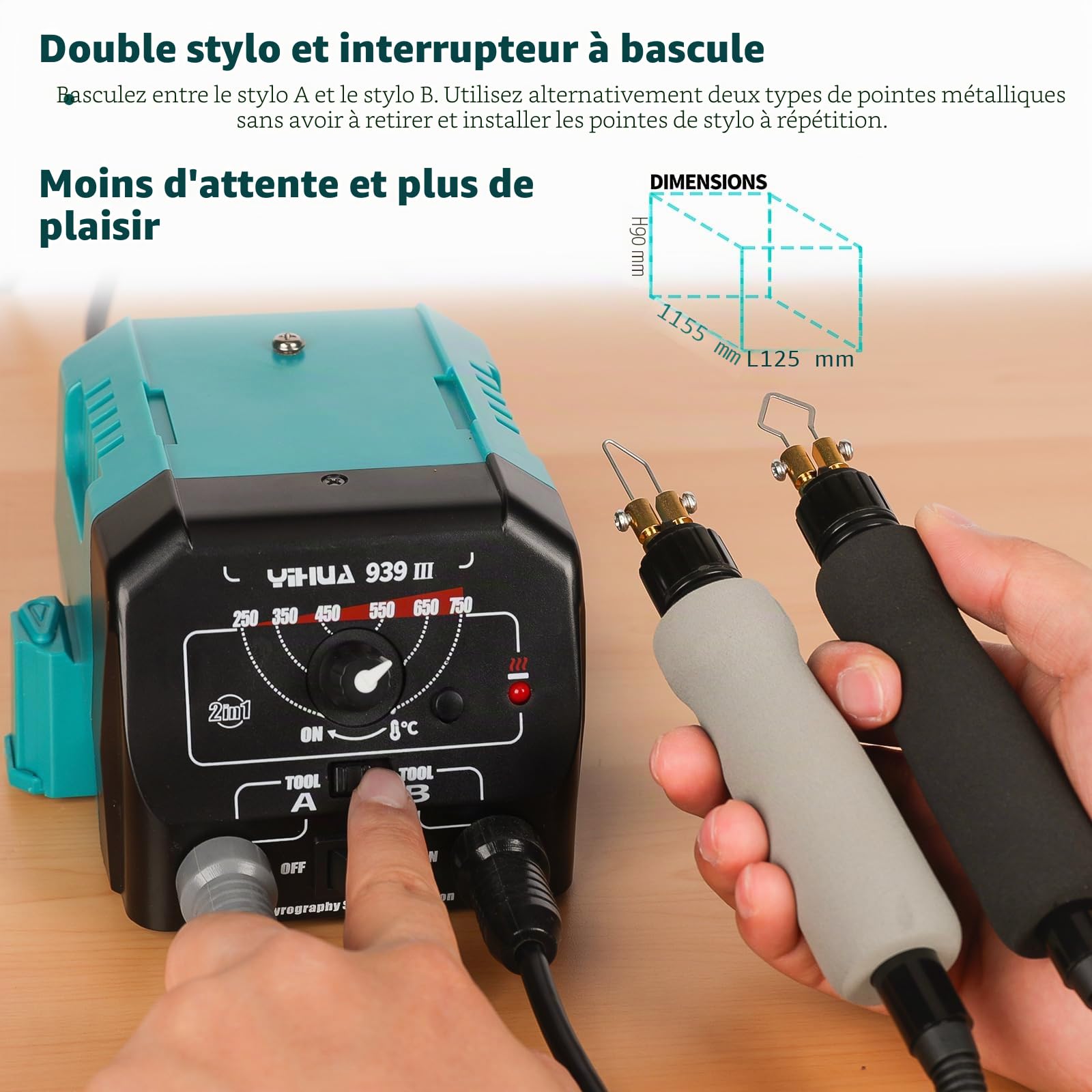 YIHUA 939-III Kit d'outils de pyrogravure Station de pyrogravure bois avec 2 stylos de pyrographique (type fil-pointe) avec 20 embouts de pyrogravure 2 bois de pyrographique (EU PLUG)