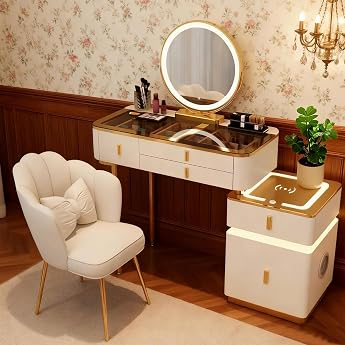 Dressing Table with Chair and Smart Circular Mirror Make Up Table with Bluetooth Speaker and Wireless Charging Cosmetic Table with Glass Top Dressing Table for Girls White and Gold 100 cm