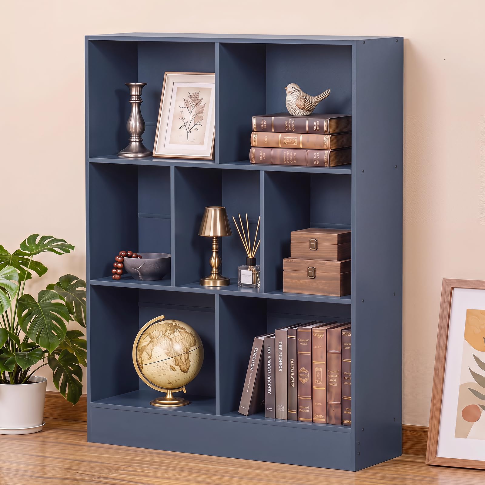 YAHARBO 3 Tier 7 Cube Mini Thin Bookshelf,Short Shallow Bookcase,Dark Blue