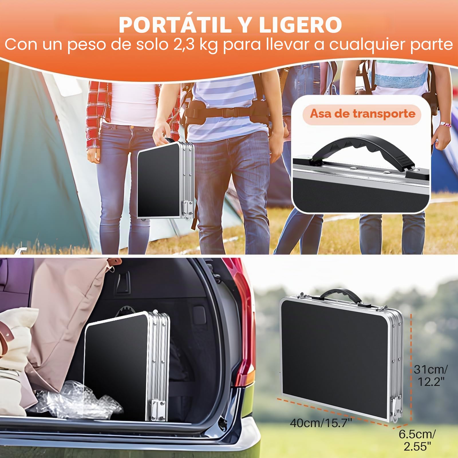 FUNYKICH Mesa Plegable de Camping, Mesa de Picnic Portátil de 3 Alturas Ajustables, Ligera de Aluminio para Exteriores con Asa de Transporte para Camping, Picnic, Barbacoa, 58x40 cm, Plata