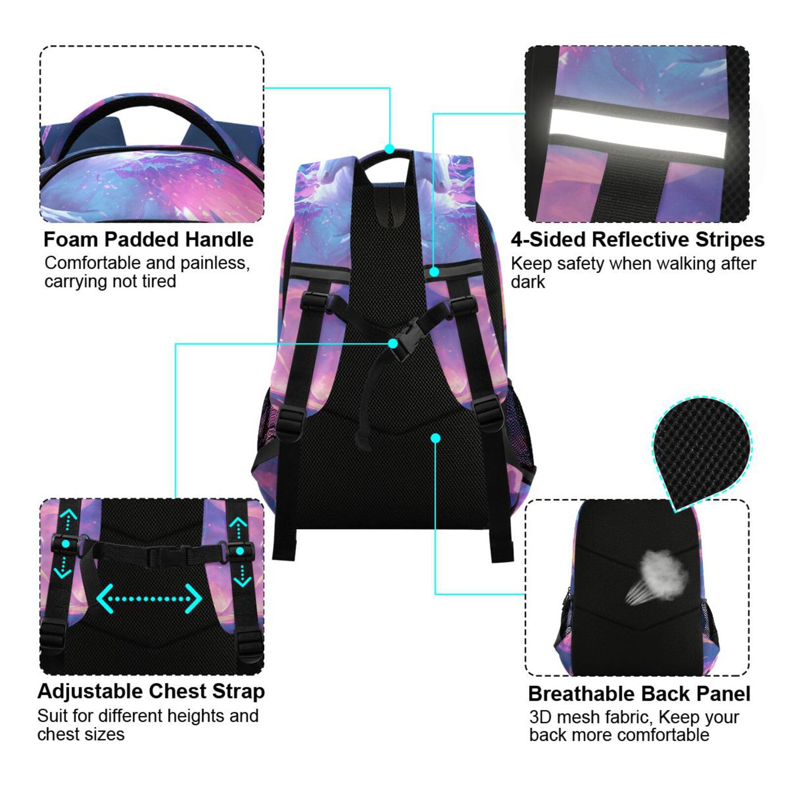 Unicornio Caballo Princesa Mochila Niño y Niña, Mochilas Escolar Grande Reflectante para Infantil Mochila Portátil de Mujer Hombre Viaje