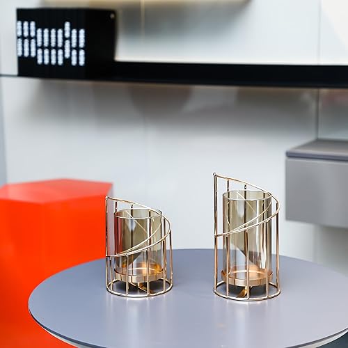 Miniatura 8 de Portavelas dorado de huracán, portavelas dorados para velas de pilar con funda de vidrio transparente, elegante centro de mesa para bodas, cenas,