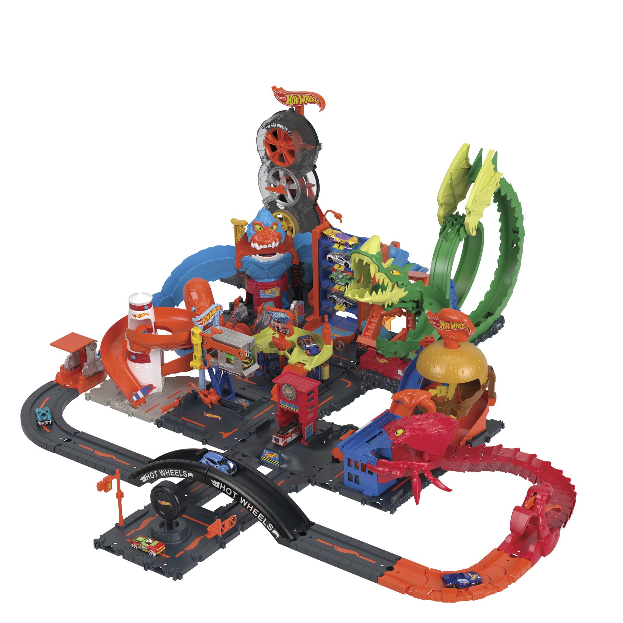 Hot Wheels-Dragone di Fuoco con 1 Veicolo Die-Cast Incluso e Stazione dei Pompieri, Giocattolo per Bambini 5+ Anni, HDP03