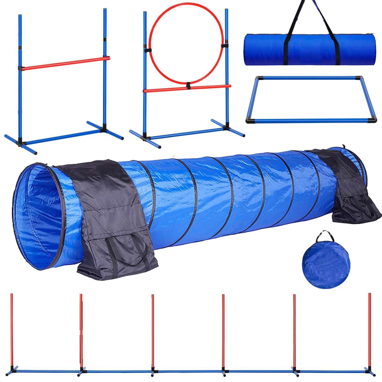 Hunde-Agility-Trainingsausrüstung, tragbares Hunde-Agility-Parcours-Set for den Garten mit 9 Fuß Hundetunnel, Sprungring, Pausenbox, Welpen-Hindernisparcours-Set mit Aufbewahrungstasche