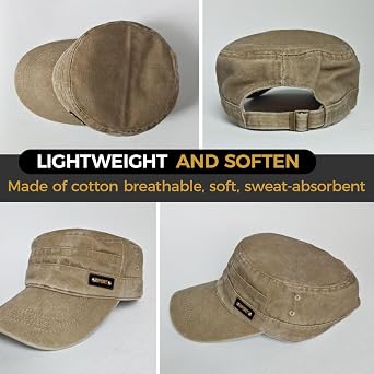 Cadet Army Cap for Men, Washed Cotton Adjustable Retro Military Flat Top Cap Outdoor Sports Baseball Sun Hat