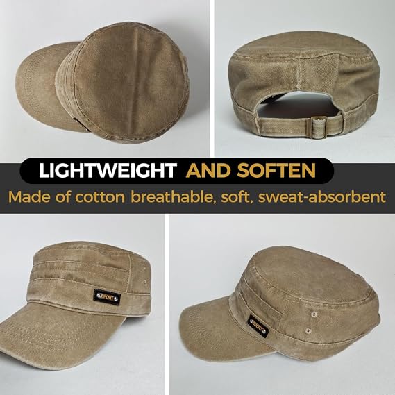 Cadet Army Cap for Men, Washed Cotton Adjustable Retro Military Flat Top Cap Outdoor Sports Baseball Sun Hat