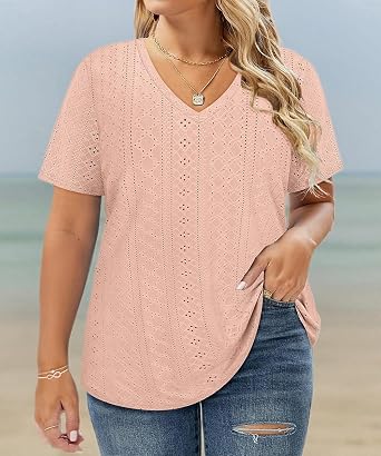 CARCOS Plus Size Tops for Women Short Sleeve Shirts Basic V Neck Summer Tshirts Casual Tunics XL-5XL