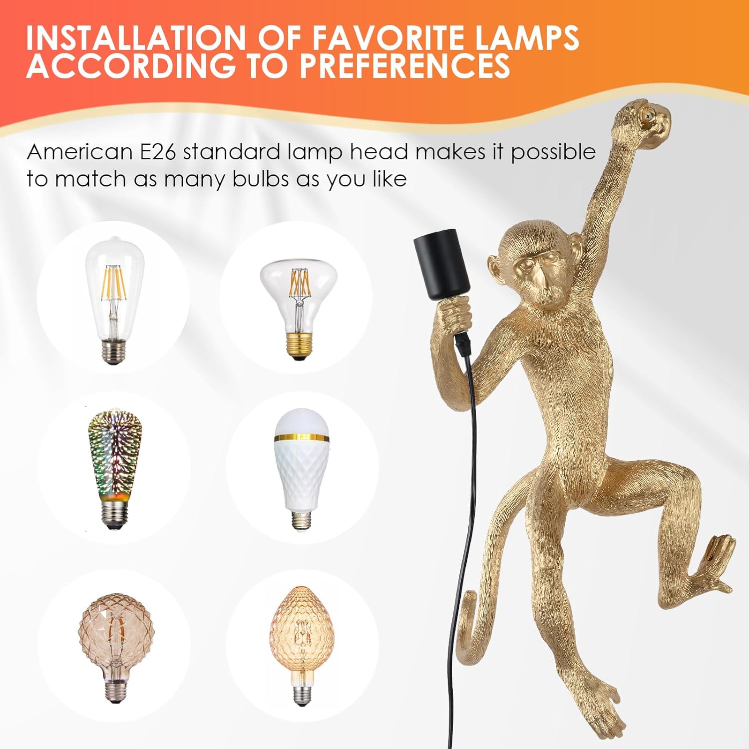 Modern Resin Monkey Wall Lamp Table Lamp Hemp Rope Pendant Light Vintage for Home Decor Dining Living Room Bedroom Entryway (Gold, Wall)