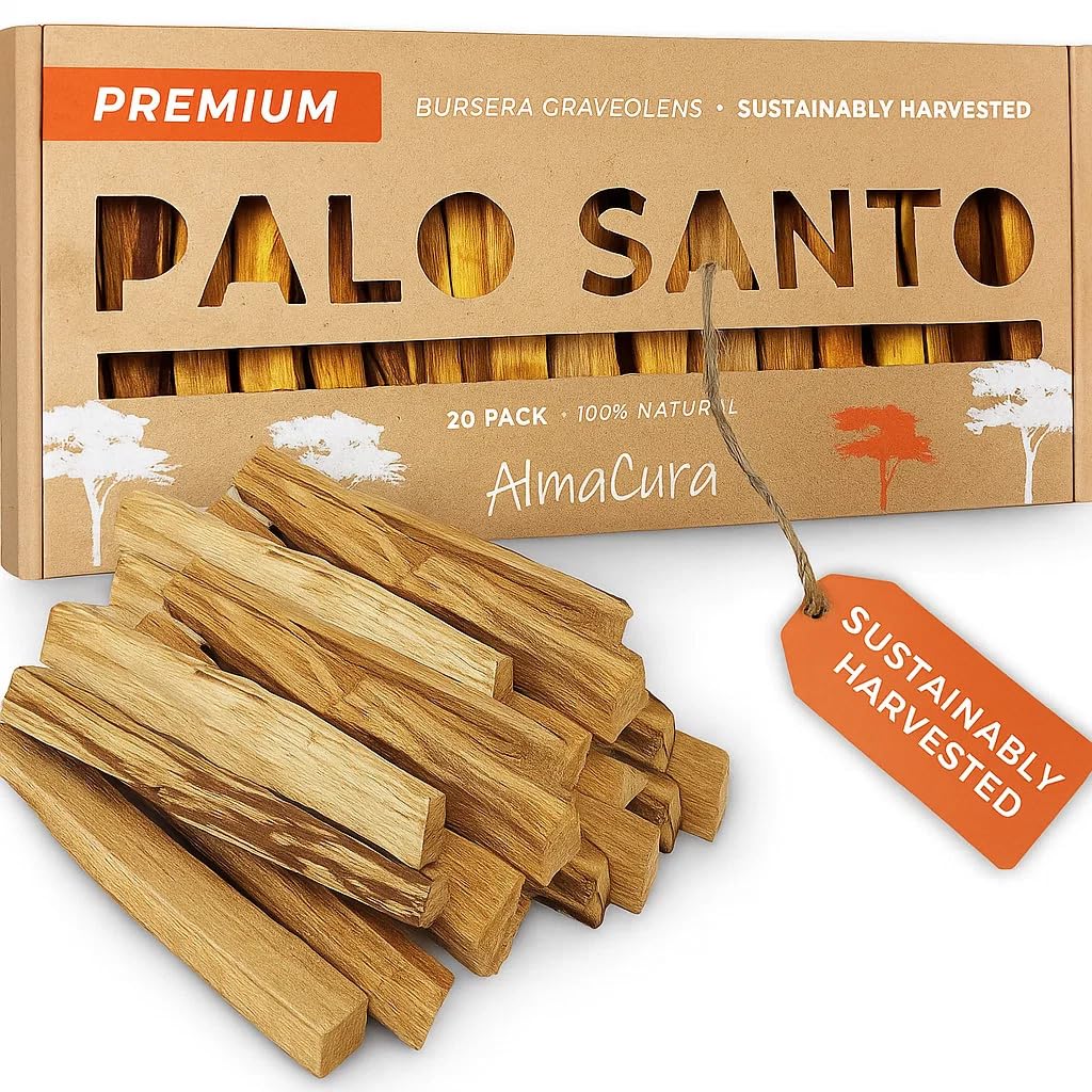 Almacura Palo Santo Premium Sticks (20), Smudging Incense High Resine, Pure Palo Santo Wood Certified from Peru. Ethically Sustainably Harvested. Protection, Meditation, Spiritual Cleansing