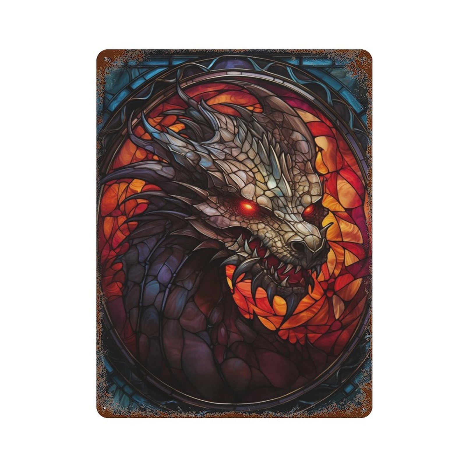 Stained Glass Dragon Wall 15.7"x11.8" Decorative Tin Sign, Classic Wall Plaque for Cafe, Home Bar And Lounge Decor