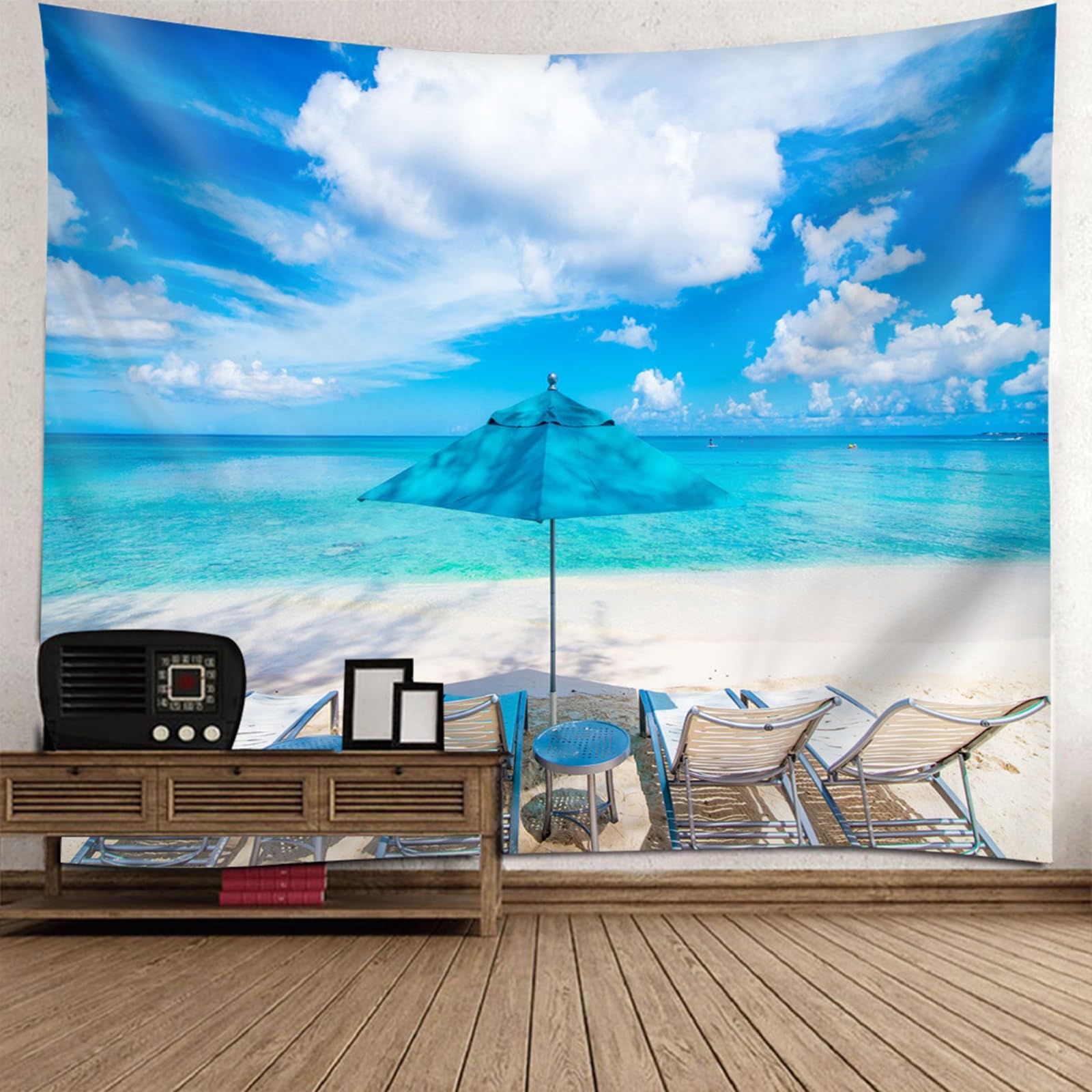 Tapisserie paysage 210x140cm ciel bleu et chaises de plage pour decoration murale salon moderne - 6