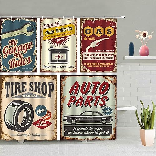 Miniatura 2 de Cortina de ducha para automóvil, estilo retro de los años 50, accesorios antiguos para automóvil, póster de reparación estadounidense, placa de
