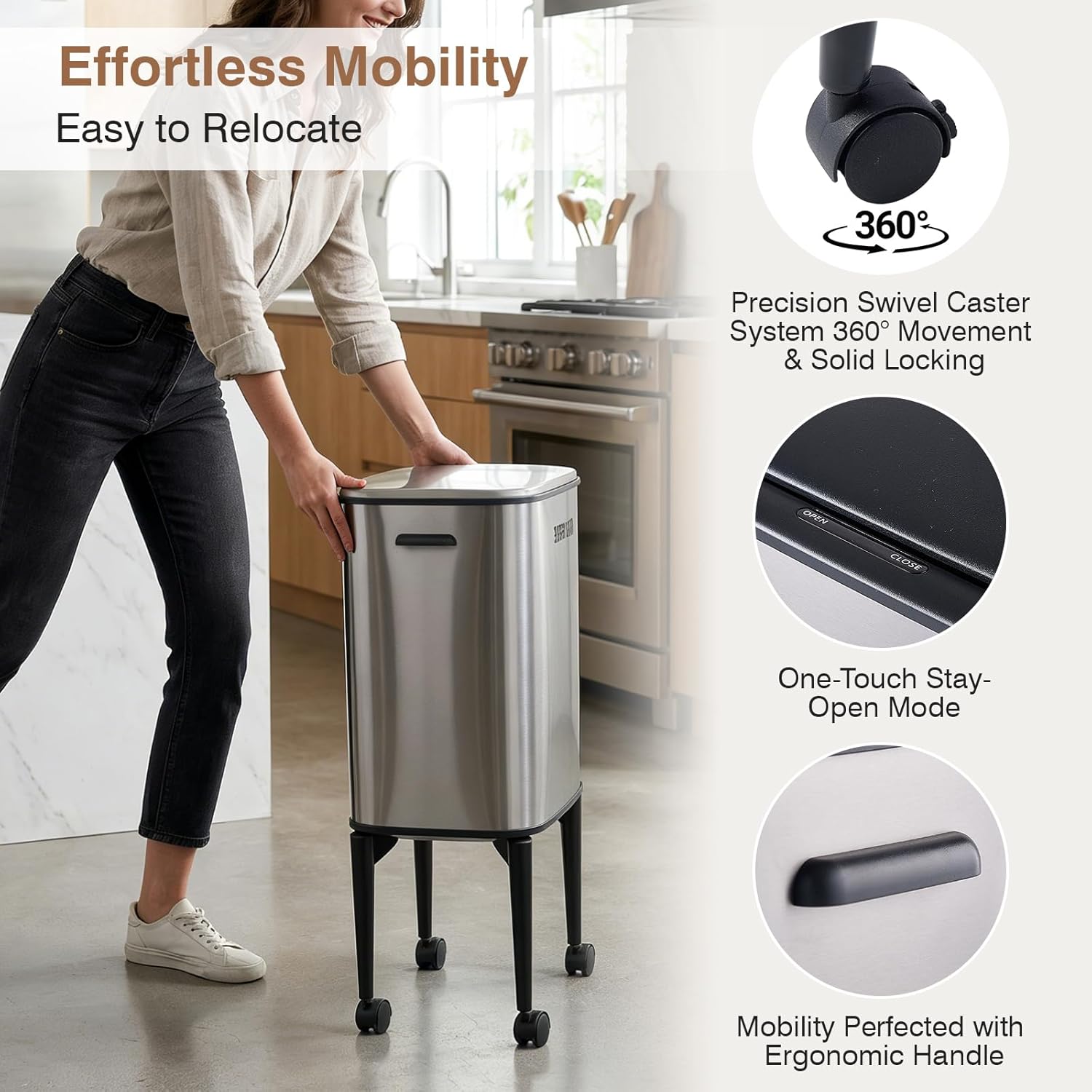 Motion Sensor Trash Can, 9.5 Gallon 36L Automatic Kitchen Stainless Steel Garbage Can with Lid & Swivel Caster Wheels, Touchless Slim Narrow Hands-Free Waste Bin for Home, Silver