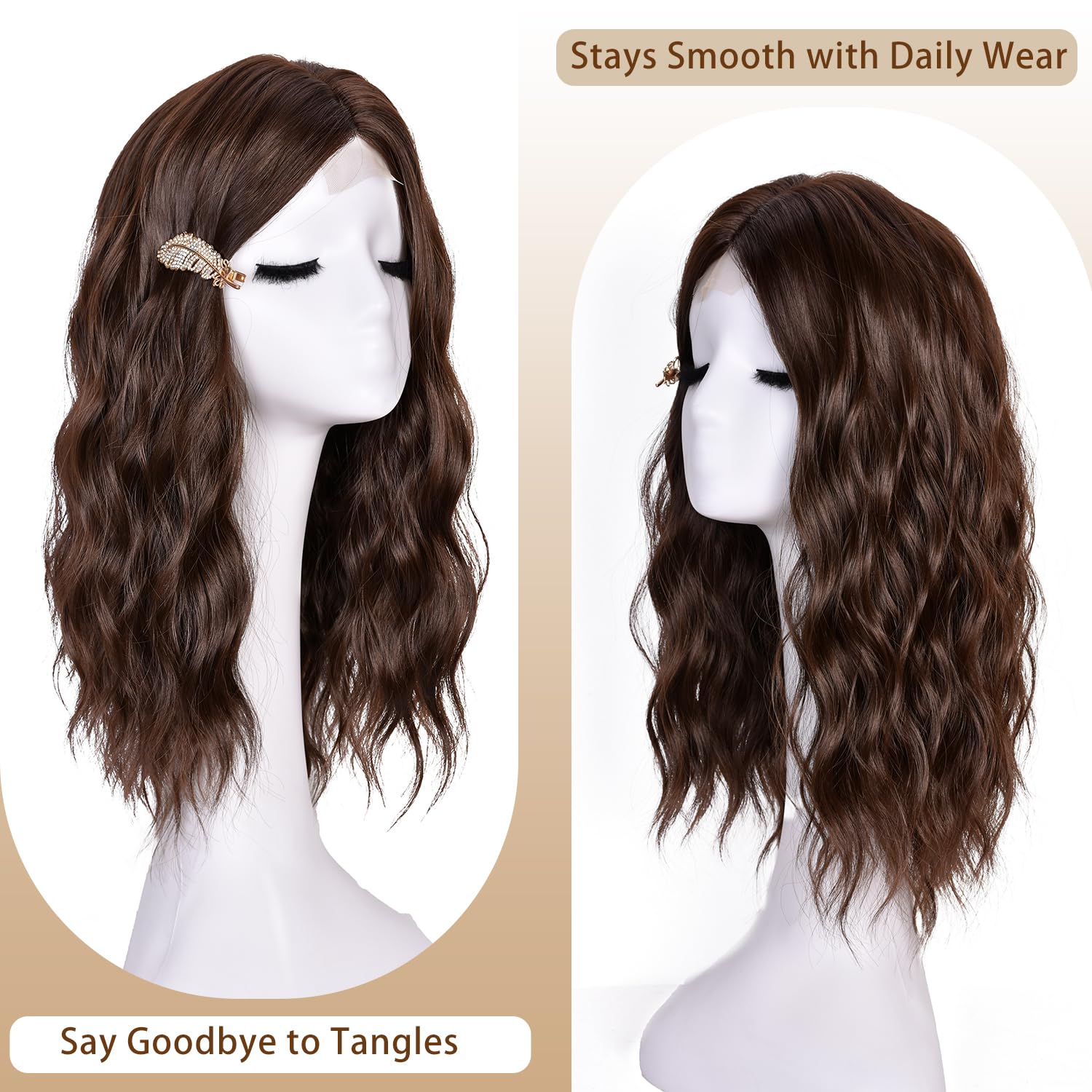 ANNISOUL Brown Short Wavy Wigs for Women 18Inch Bob Wave Wig Middle Part Synthetic Lace Front Natural Hairline Hair for Daily Party Use - Image 3