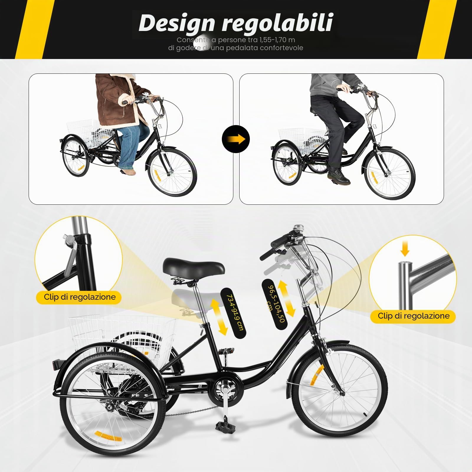 Triciclo per adulti a 8 marce, 20 pollici, con 3 ruote e grande cestino, di alta qualità, nero e bianco, adatto per shopping, viaggi, turismo