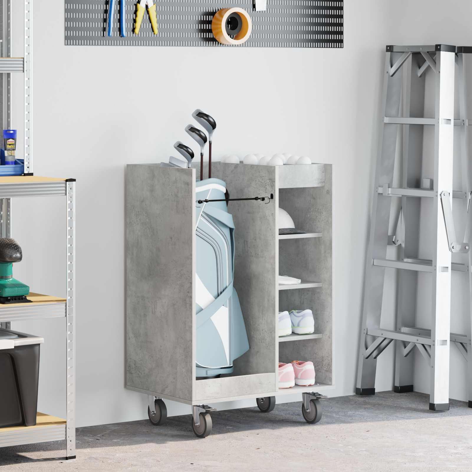 Gecheer Golfschrank mit Rädern, Aufbewahrungsschrank für Golfzubehör, 65 x 45 x 98 cm, Holzschrank mit Metallrückwand, freistehende Regale, für Garage oder Wohnraum