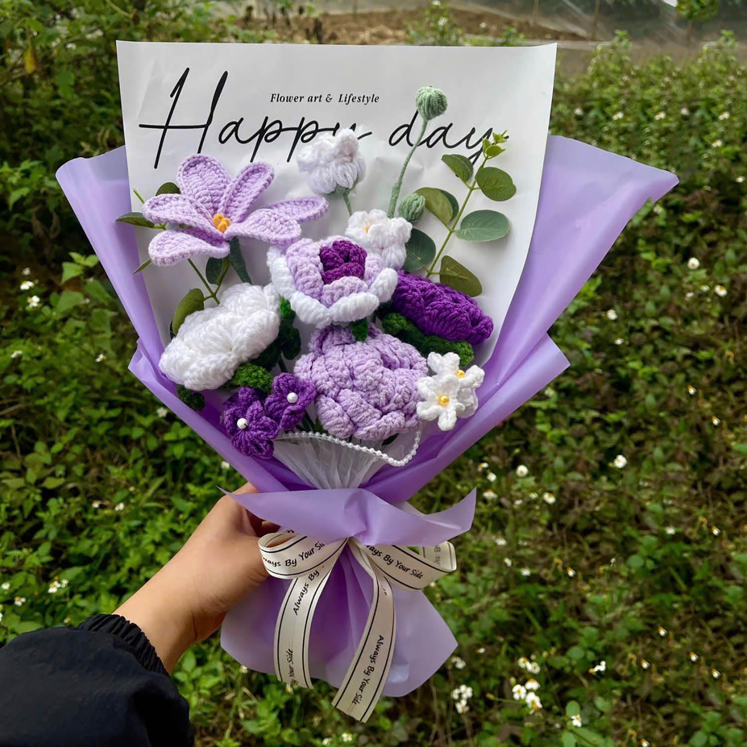 Completed Purple Crochet Flowers Bouquet, Handmade Knitted Bouquet, Crochet Artificial Flowers for Mother's Day Birthday, Wedding Home Decor, Gifts for Mom (Purple Tulip) - Image 2