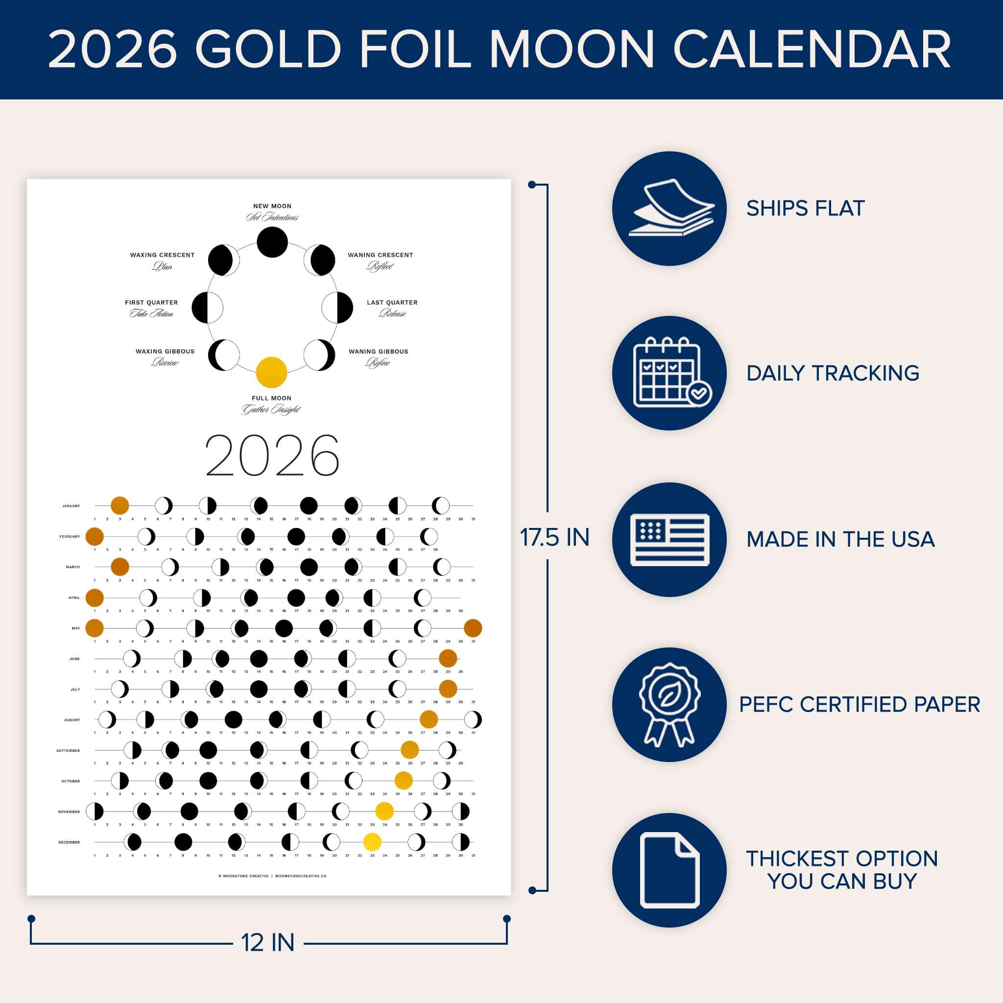 Złoty kalendarz fazy księżyca 2026 (statki płaskie) wiszący księżycowy plakat ścienny - świetny jako wyjątkowy prezent, śledzenie księżyca, wystrój i sztuka, astrologia - niebiański kalendarz do domu