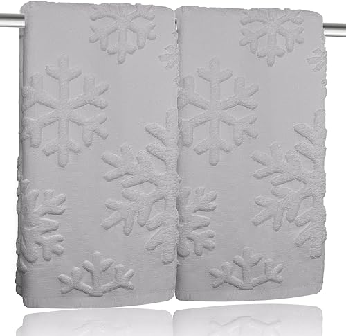 Miniatura 18 de Paquete de 2 toallas de mano de copos de nieve de Navidad, 100% algodón, jacquard, juego de toallas de cocina retro neutrales blancas para baño,