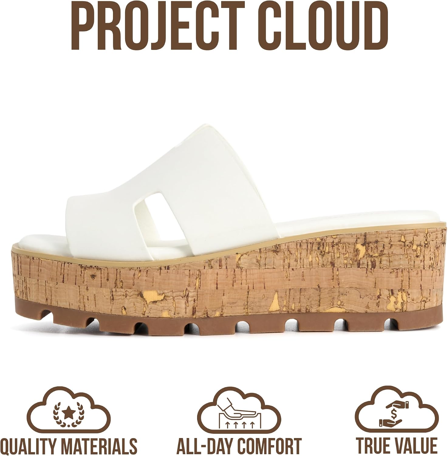 Project Cloud 100% Genuine Leather Wedge Platform Sandals Women Footwear - Memory Foam Insole and Non-Slip Platform Slides for Women - Lightweight Womens Sandals (MILA,WHITELEATH,6.5M)