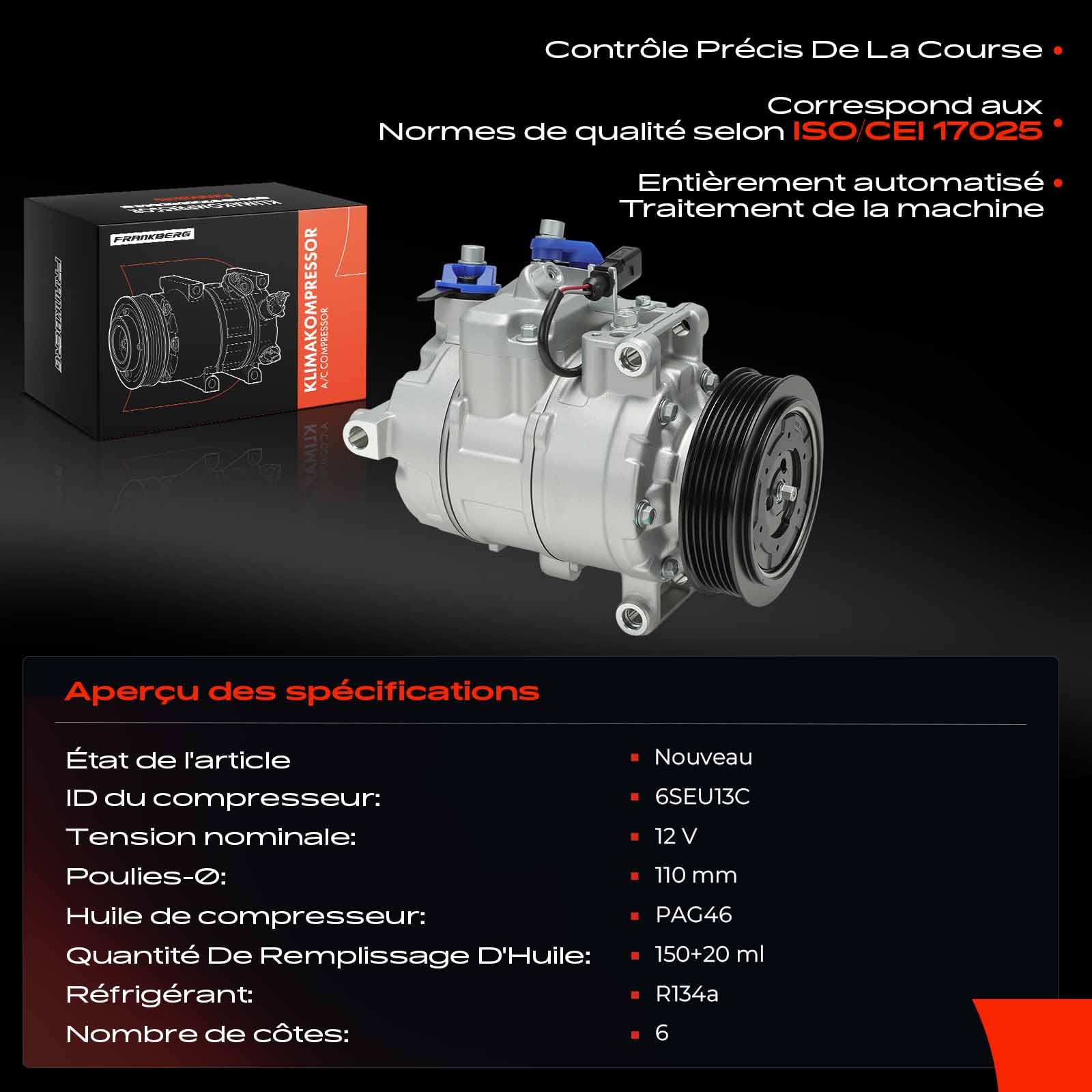 Frankberg Compresseur de Climatisation avec embrayage Compatible avec Fabia II 542 A3 8P1 A6 Allroad 4FH C6 Ibiza IV 6J5 6P1 Leon 1P1 Remplacer# 1K0820803J, huile incluse