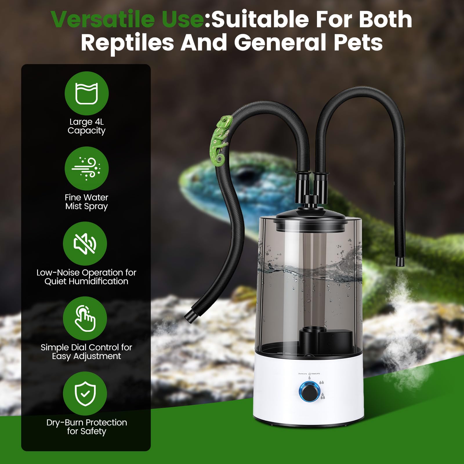 Humidificador Aéreo para Reptiles, 4L Generador Niebla para Terrarios con Tubo Doble Extensible, Ajuste en Tres Niveles del Tamaño de la Niebla, Vaporizador Ultra Silencioso para Reptiles