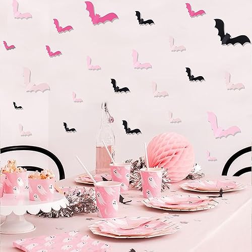 Miniatura 6 de Decoración de pared de murciélagos rosados  50 piezas de 4 tamaños de murciélagos 3D de Halloween rosa, rubor y negro, fiesta de Halloween rosa,