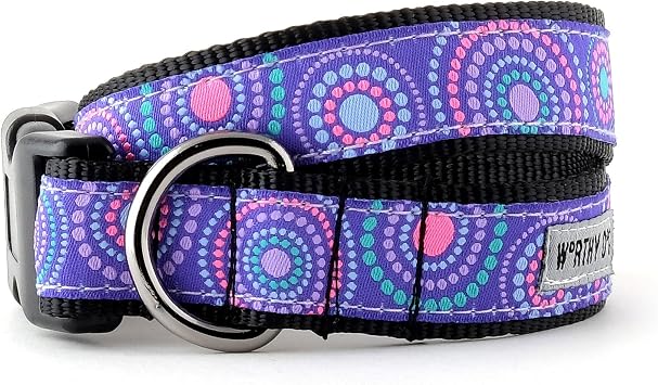 THE WORTHY DOG Collar for Medium Dogs, Adjusts 12-18 inches, Durable Nylon Webbing, Quick Release Buckle, Sunburst Pattern, Purple, Medium