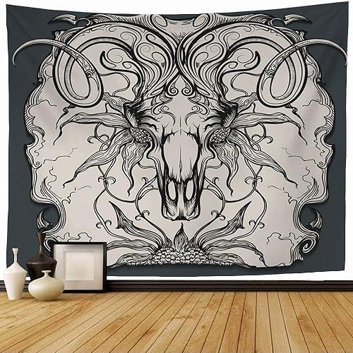 Tapestry Wall Hanging Aries Hand Skull Horns Flowers Skeleton Animal Wildlife Anatomy Black Horn Bone Drawing Goat Old Tapestry Blanket Wall Bedroom